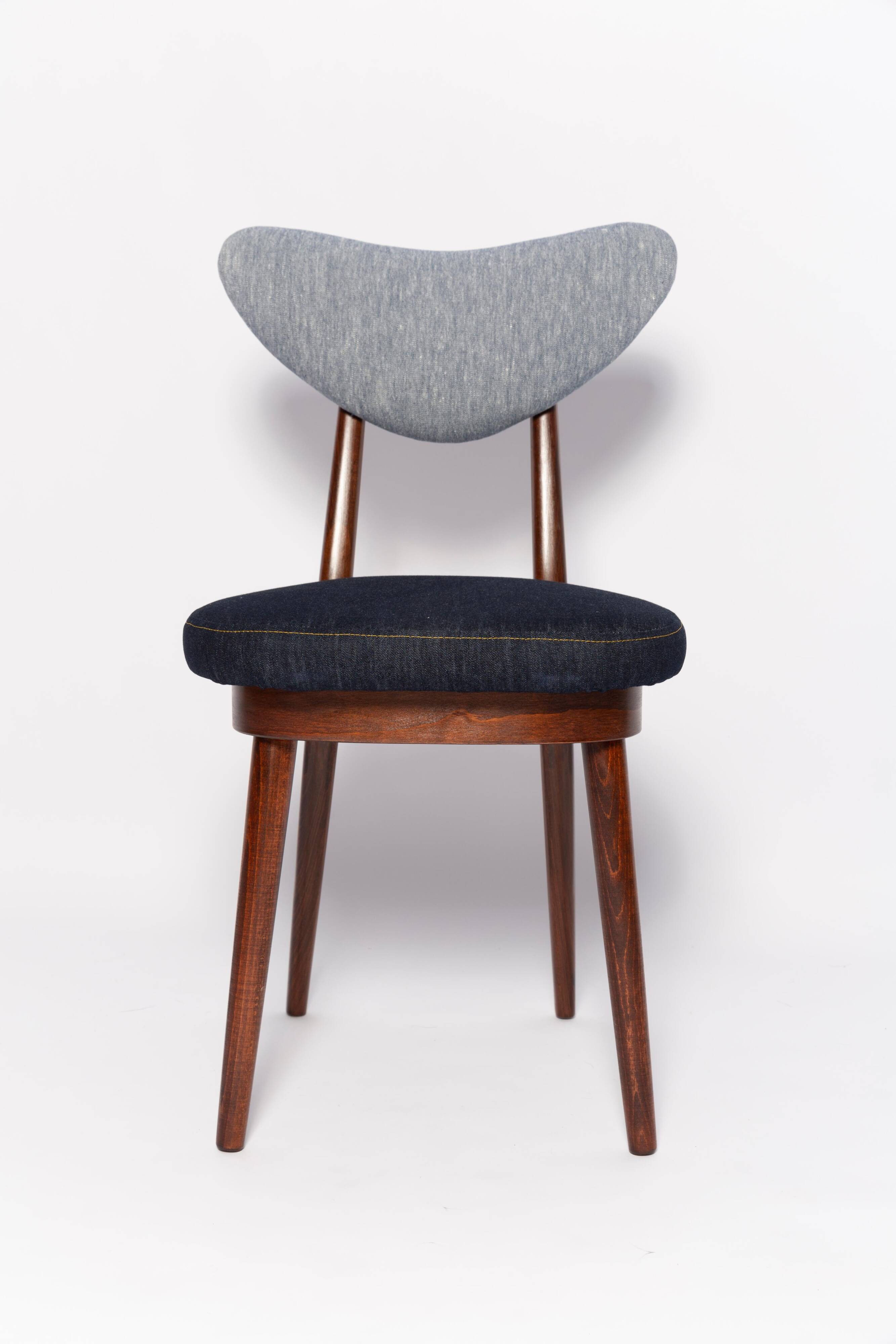 Heart-shaped chair in light and dark blue denim, mid-century style, Europe, 1960s.