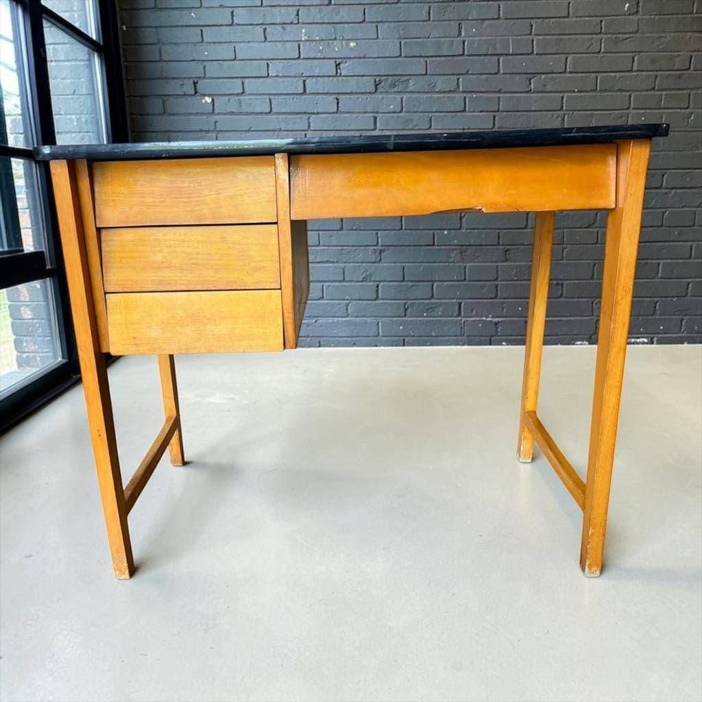 Vintage wooden desk with 3 drawers | 1960s retro style