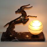 Vintage french art deco gazelle lamp black marble base round glass shade 3956