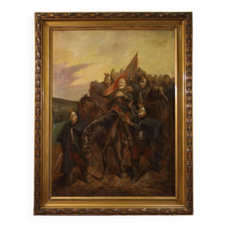 Grand tableau de la seconde moitié du XIXème siècle, soldats et cheval