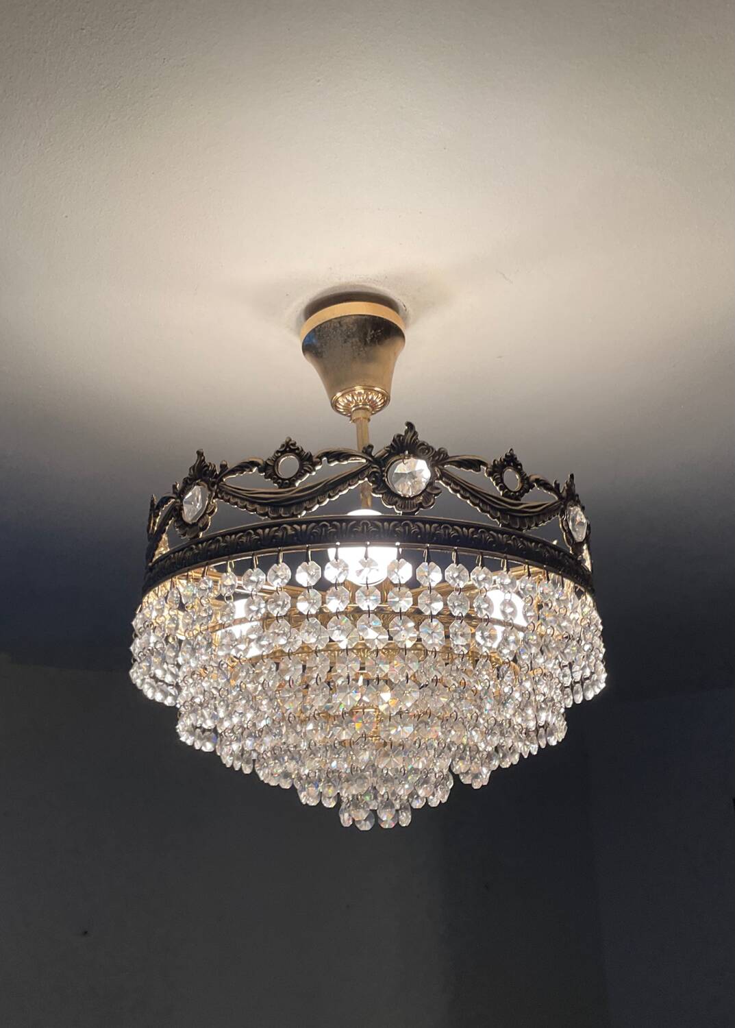 Vintage chandelier cascade of crystal and brass tassels