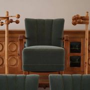Danish Art Deco, set of 3 oak armchairs, reupholstered in green mohair, 1930s.