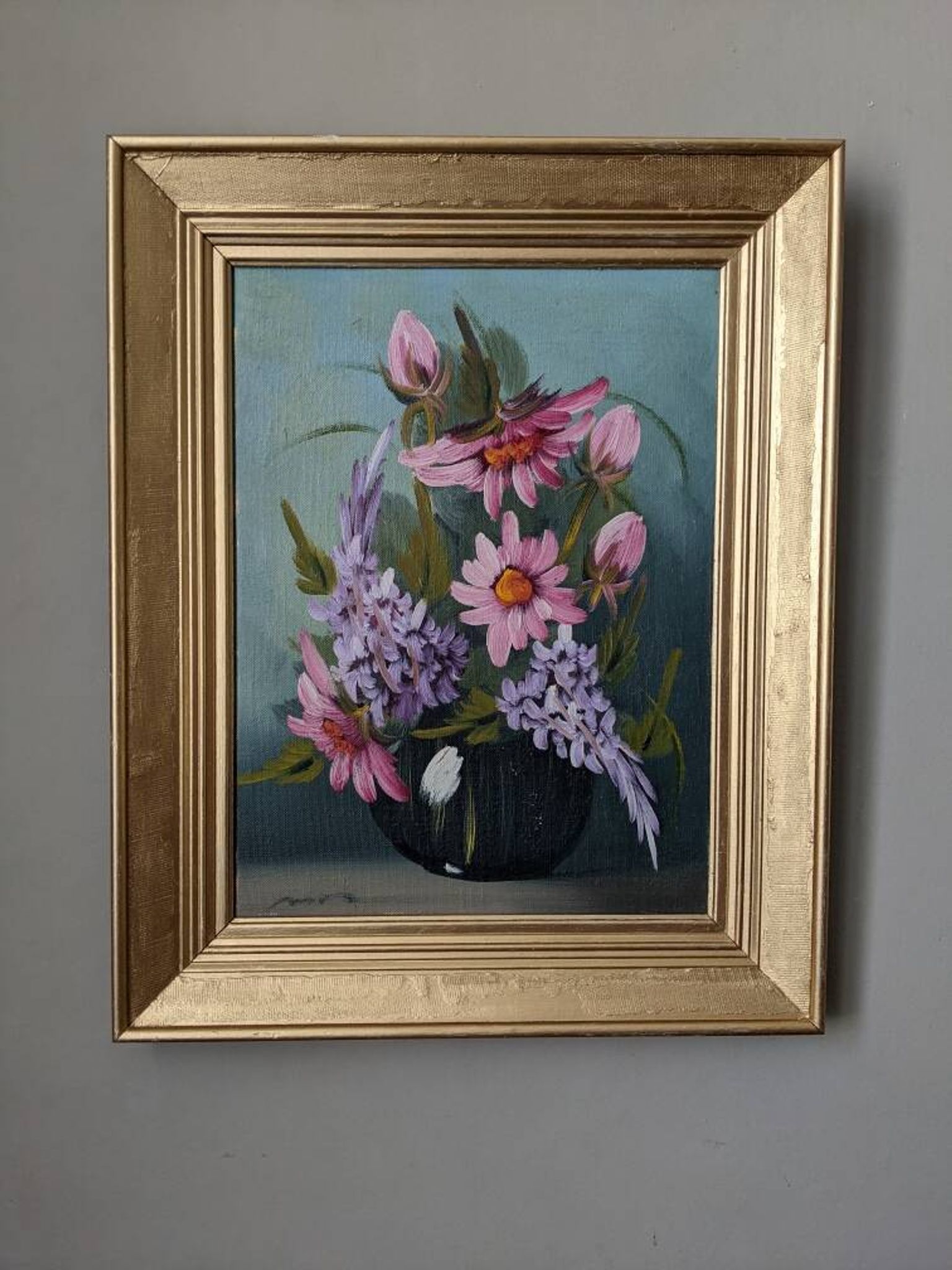 Acrylic painting on canvas, bohemian countryside decoration, flowers, still life