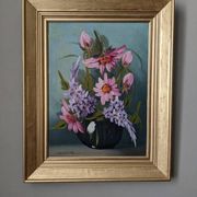 Acrylic painting on canvas, bohemian countryside decoration, flowers, still life