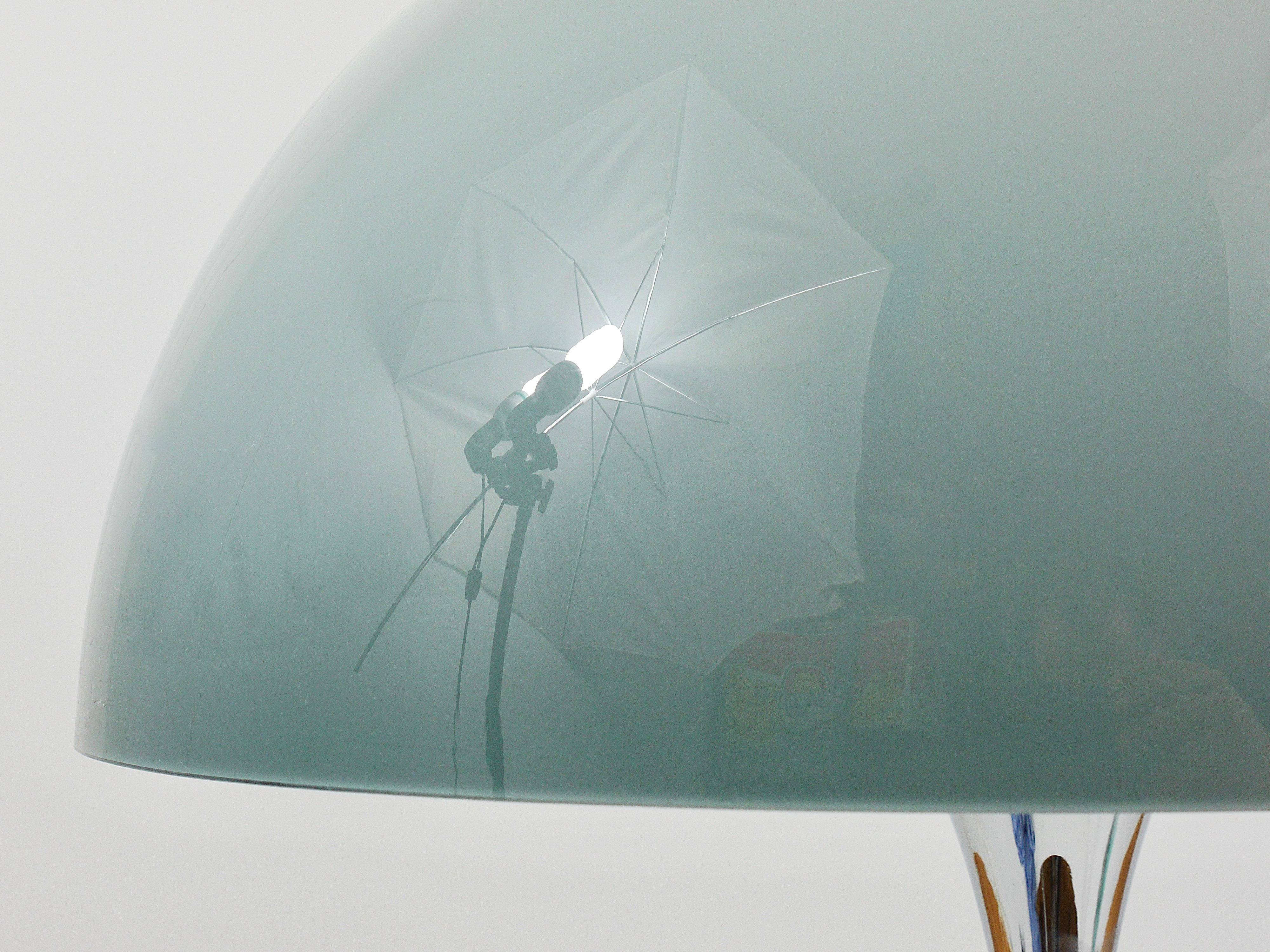 Rare Panthella table lamp by Verner Panton with a chrome base and grey shade.