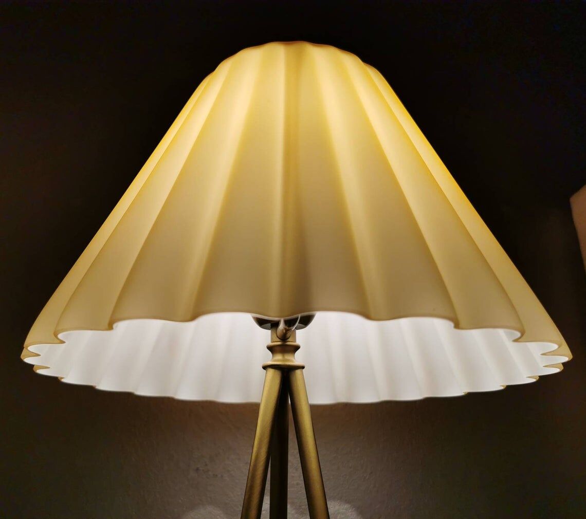Brass table lamp with 90s pleated glass hood