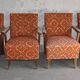 Set of 4 multicoloured mid-century armchairs in fabric and wood, 1950s.