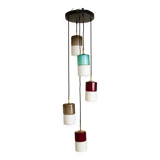Hanging lamp with five elements in white opaline glass and coloured Murano glass by Putzler Pelill Production, 1960s.