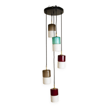 Suspension 5 feux en verre opalin blanc et verre de Murano coloré par Putzler Pelill Production, années 60
