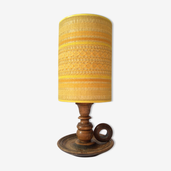 Wooden foot candlestick lamp turned, yellow wool lampshade