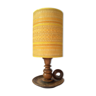 Wooden foot candlestick lamp turned, yellow wool lampshade