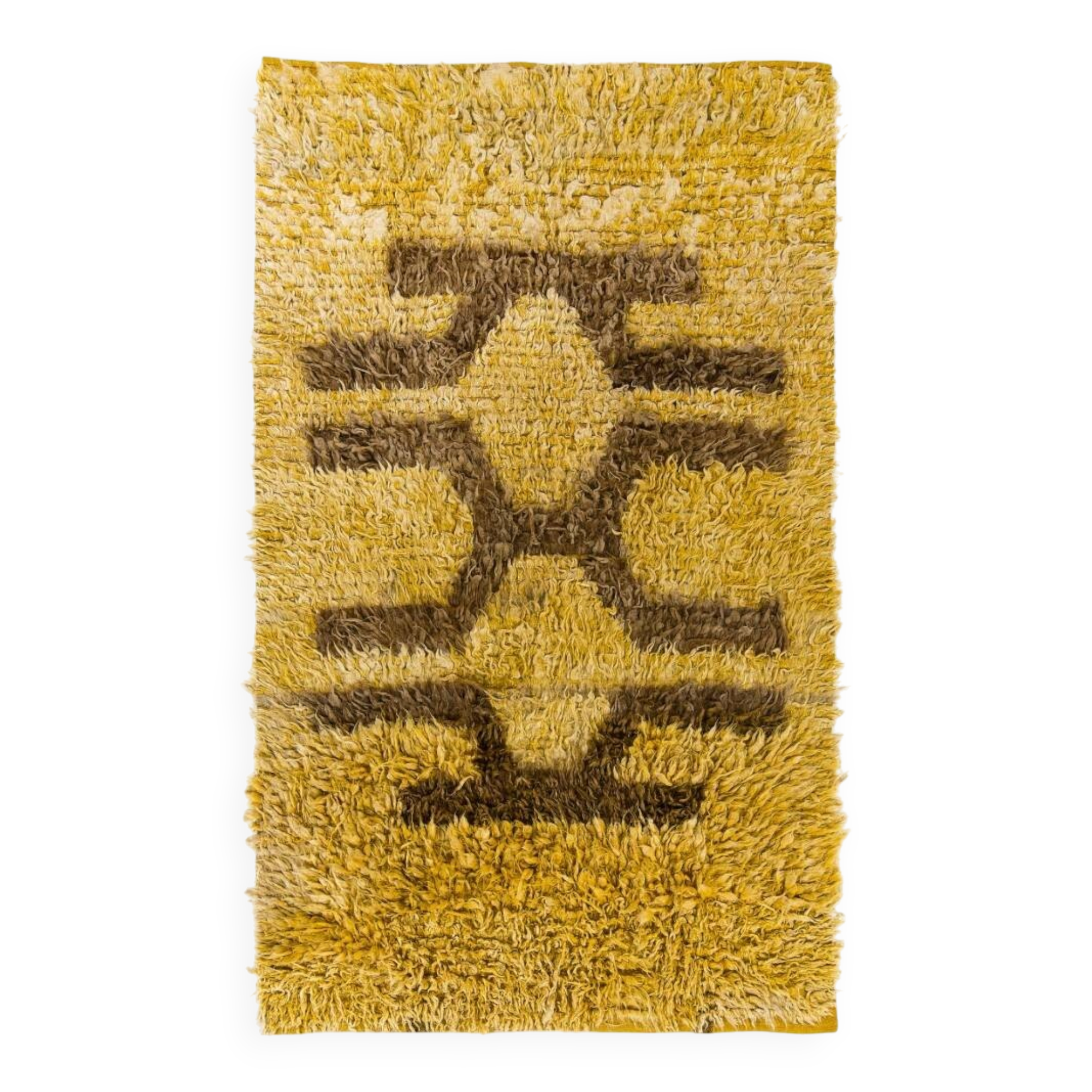 Vintage Hand-Knotted Shag Pile Rug with Brown Geometric Design on a Yellow Field, 100% Mohair Wool
