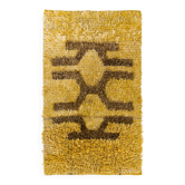 Vintage Hand-Knotted Shag Pile Rug with Brown Geometric Design on a Yellow Field, 100% Mohair Wool