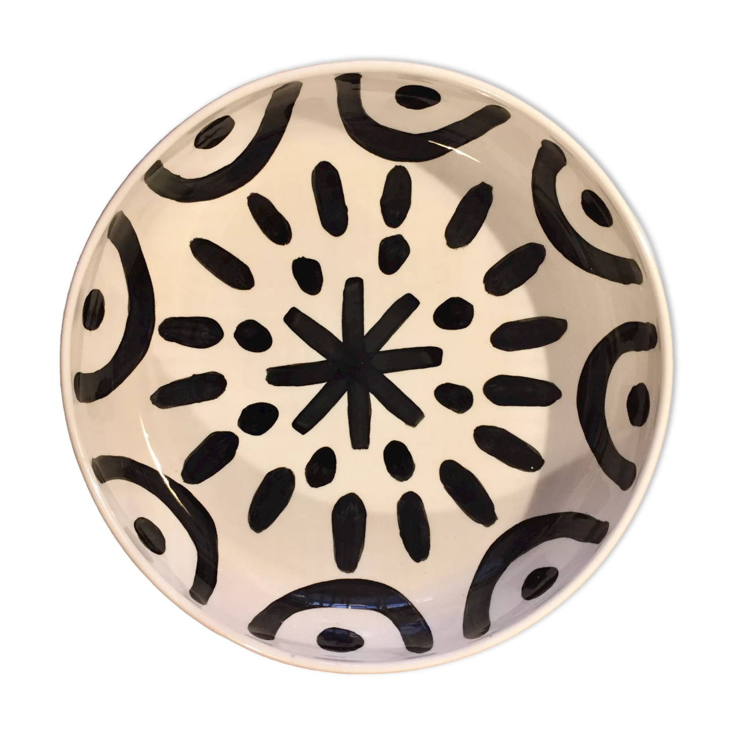 Large ceramic salad bowl painted by hand black and white
