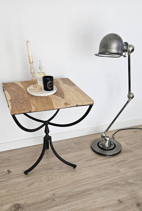 Oak and metal side table — industrial / art deco design