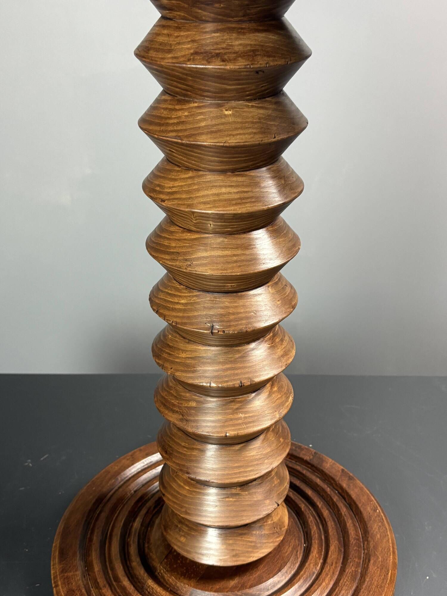 Midcentury brutalist wood turned side table, Charles Dudouyt style, 1950s
