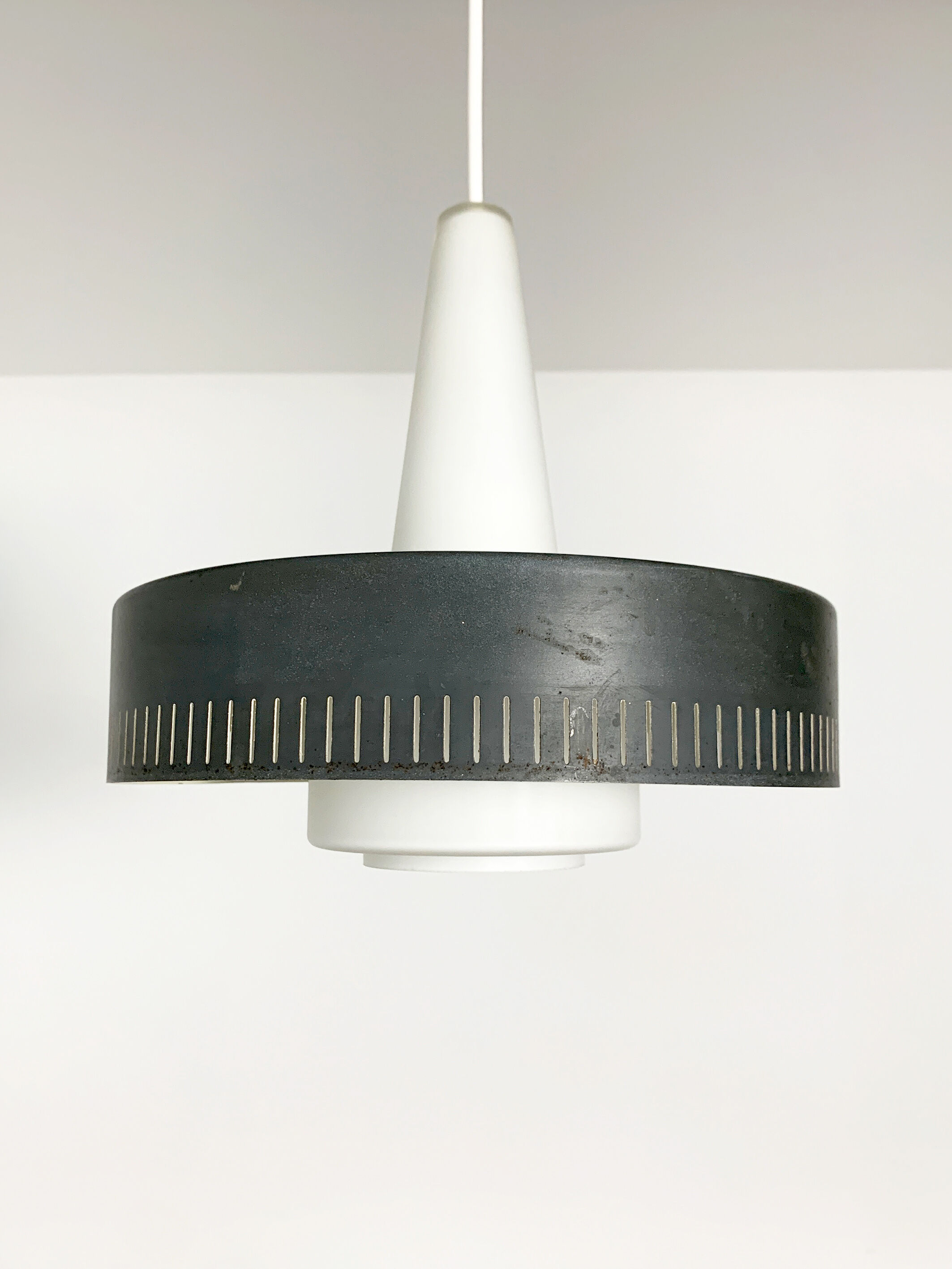 Modernist pendant lamp opal glass and grey metal Bent Karlby for Lyfa, Denmark, 1950-60
