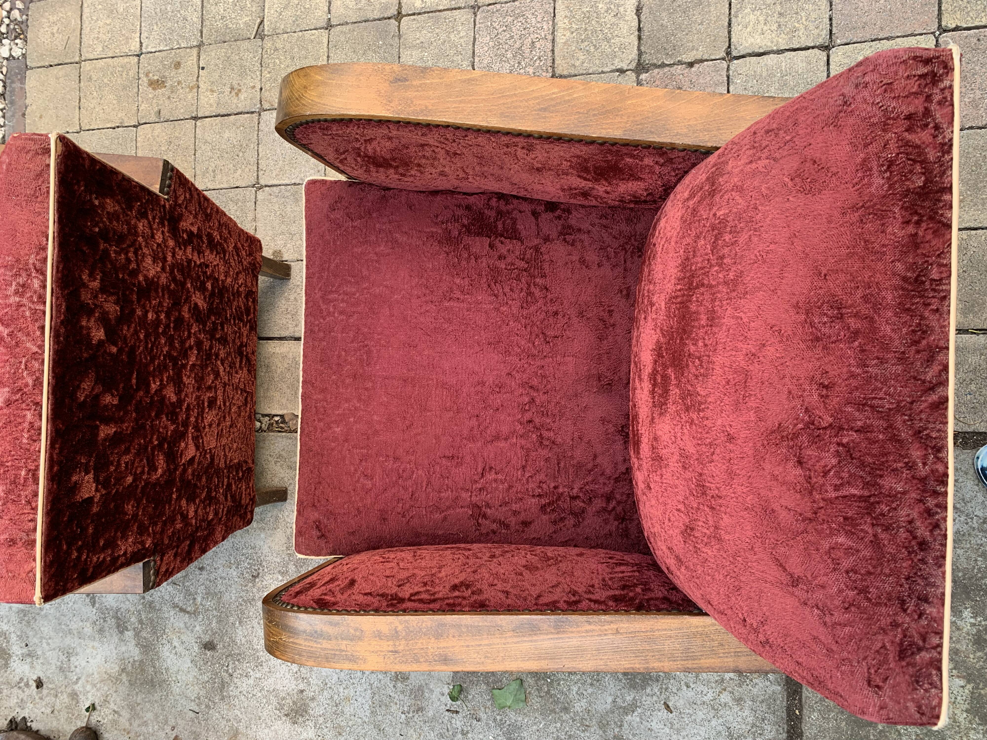 Pair of Art Deco club armchairs in burgundy red velvet, 1930s