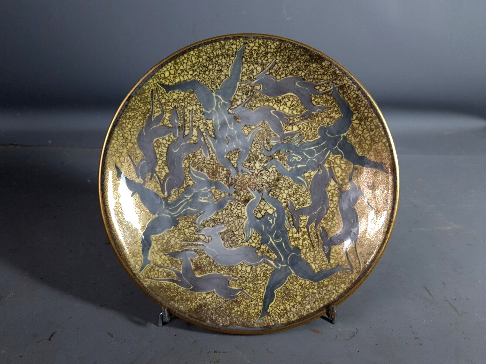 Jean Mayodon glazed ceramic cut decoration women and deer Signed SB