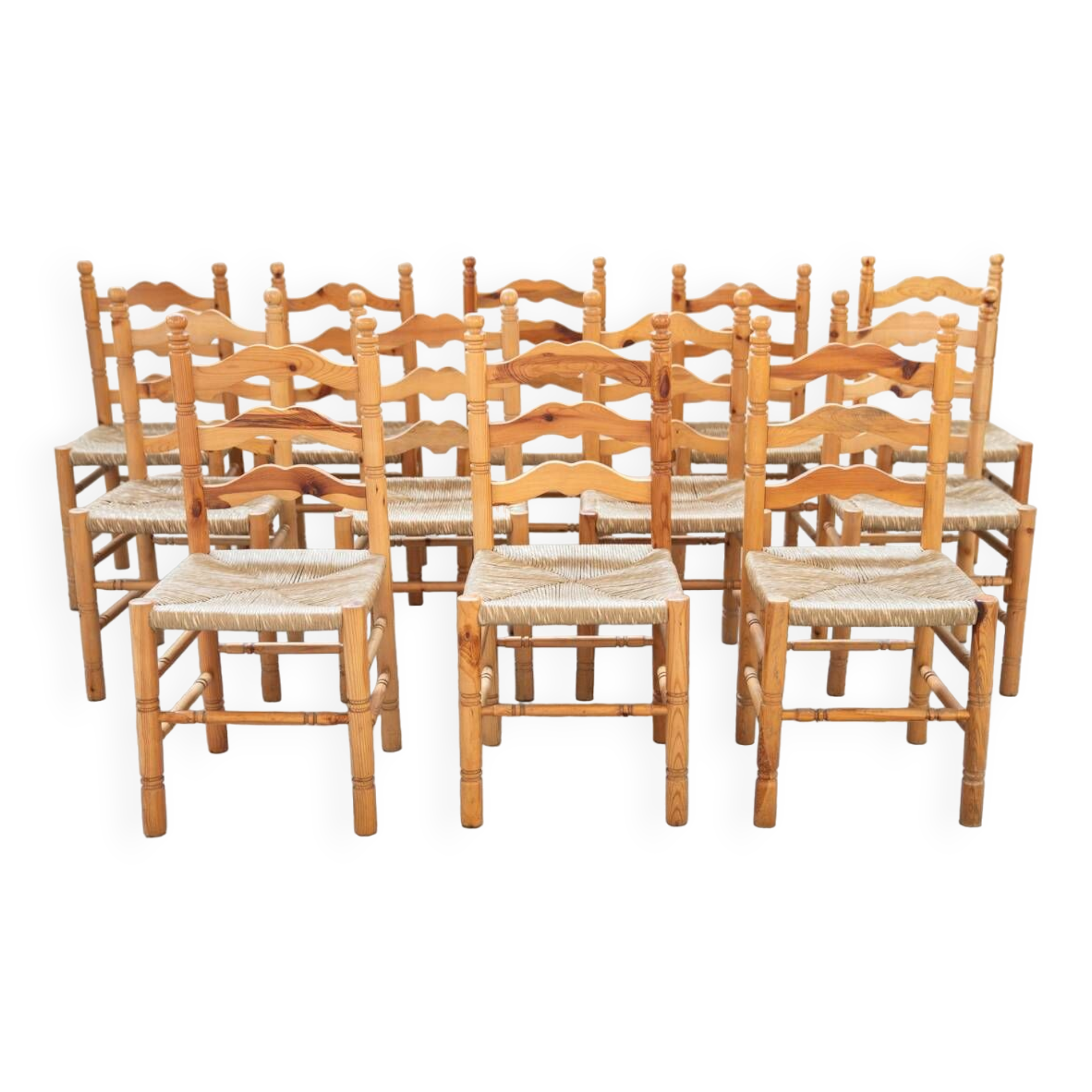 Rustic Friulian chairs with turned legs, set of 12, 1980-1990