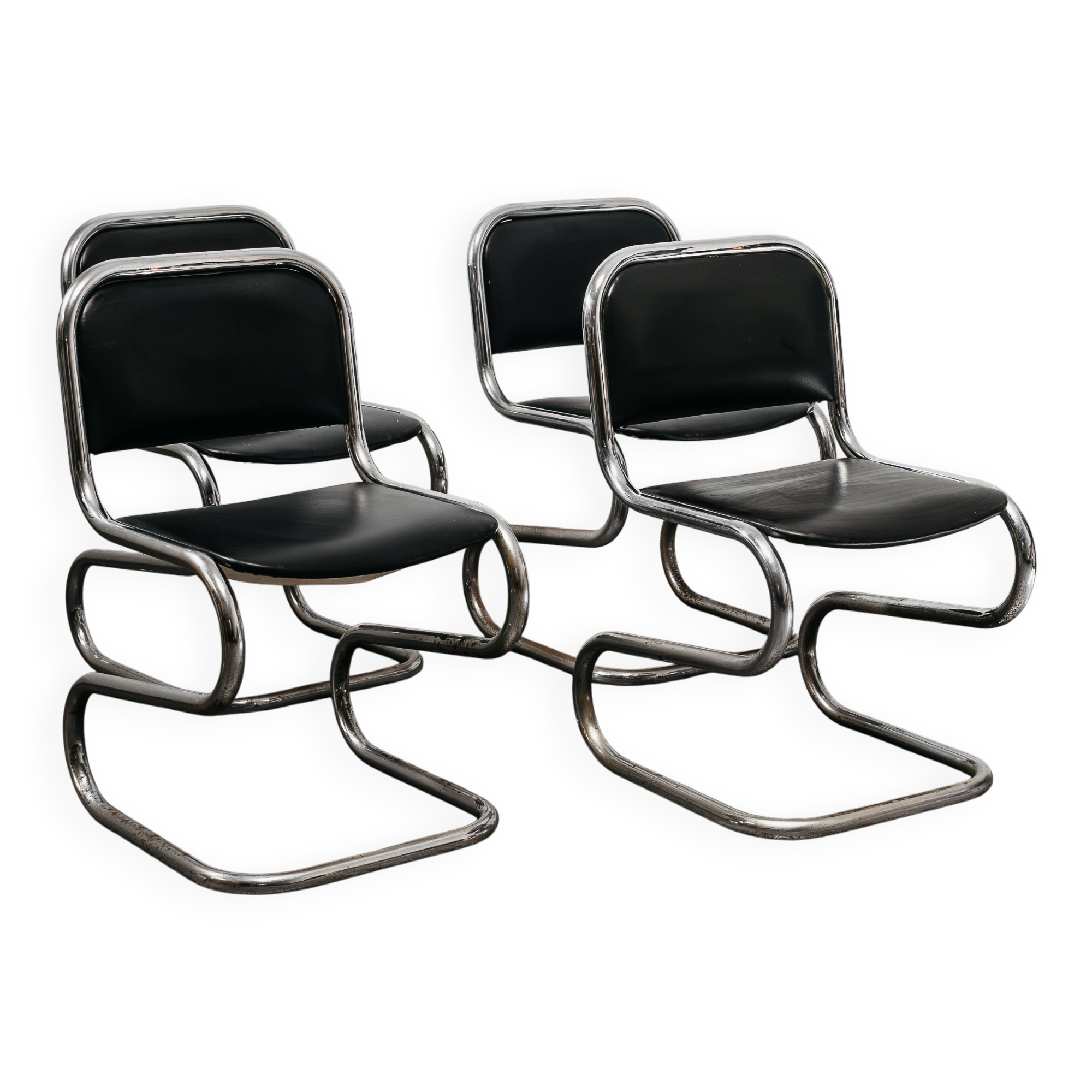Set of 4 chrome steel rocking chairs, vintage modern 80s design.