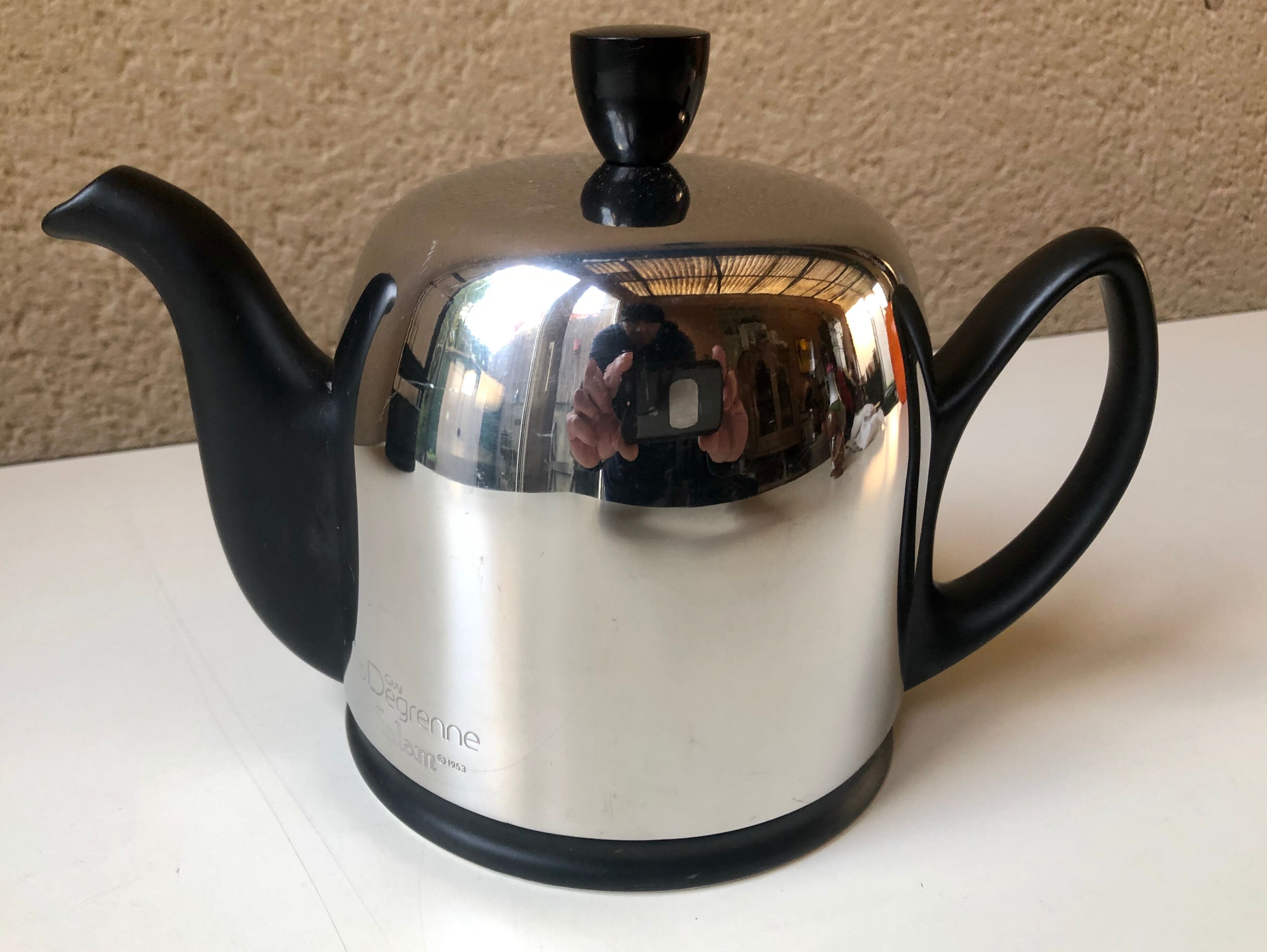 Guy Degrenne salam calorifuge teapot 4 ceramic cups - vintage chrome 70