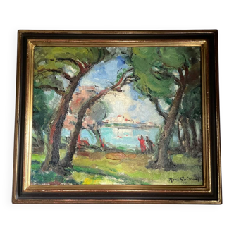 oil and palette knife painting on canvas mounted on a frame. Vintage