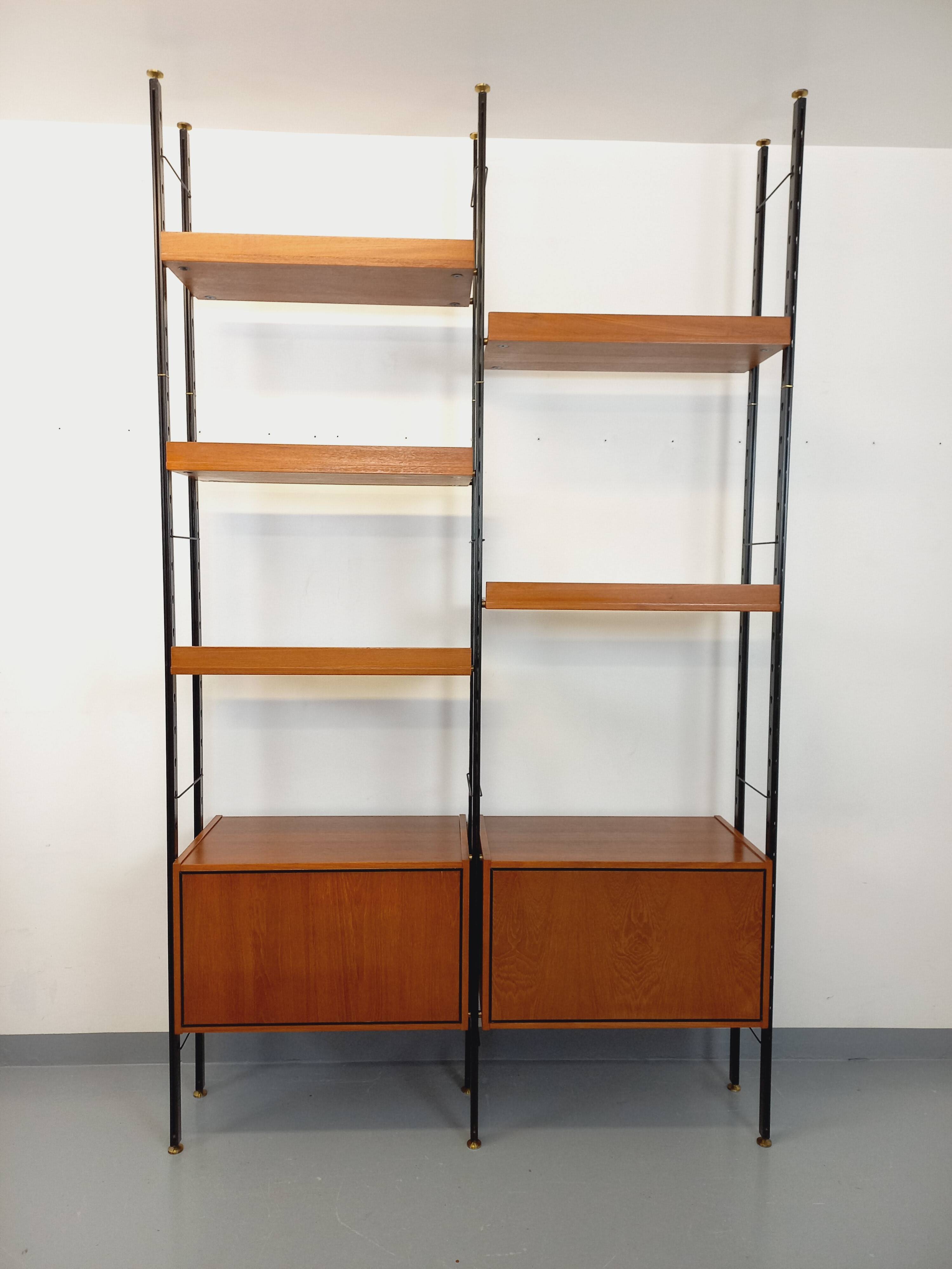 Vintage Italian double modular shelf bookcase in teak and metal