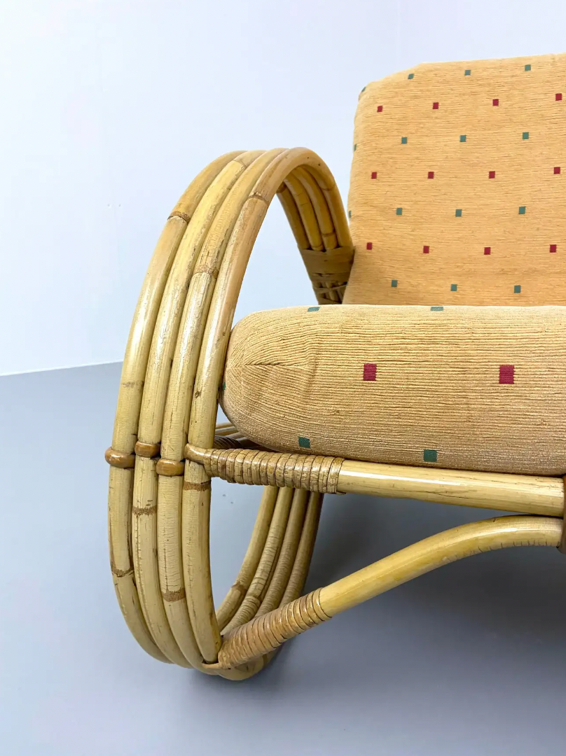 Chaise longue en rotin, bambou et tissu, France, années 1960