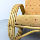 Chaise longue en rotin, bambou et tissu, France, années 1960