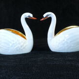 Pair of salters in limoges porcelain white swans