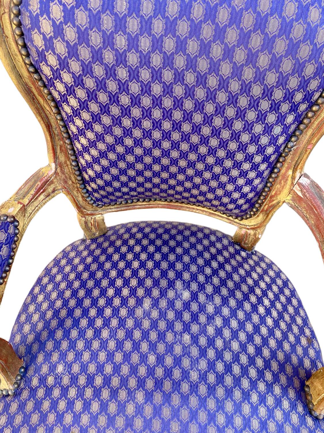 Pair of baroque armchairs in Louis XV style with blue satin fabric.