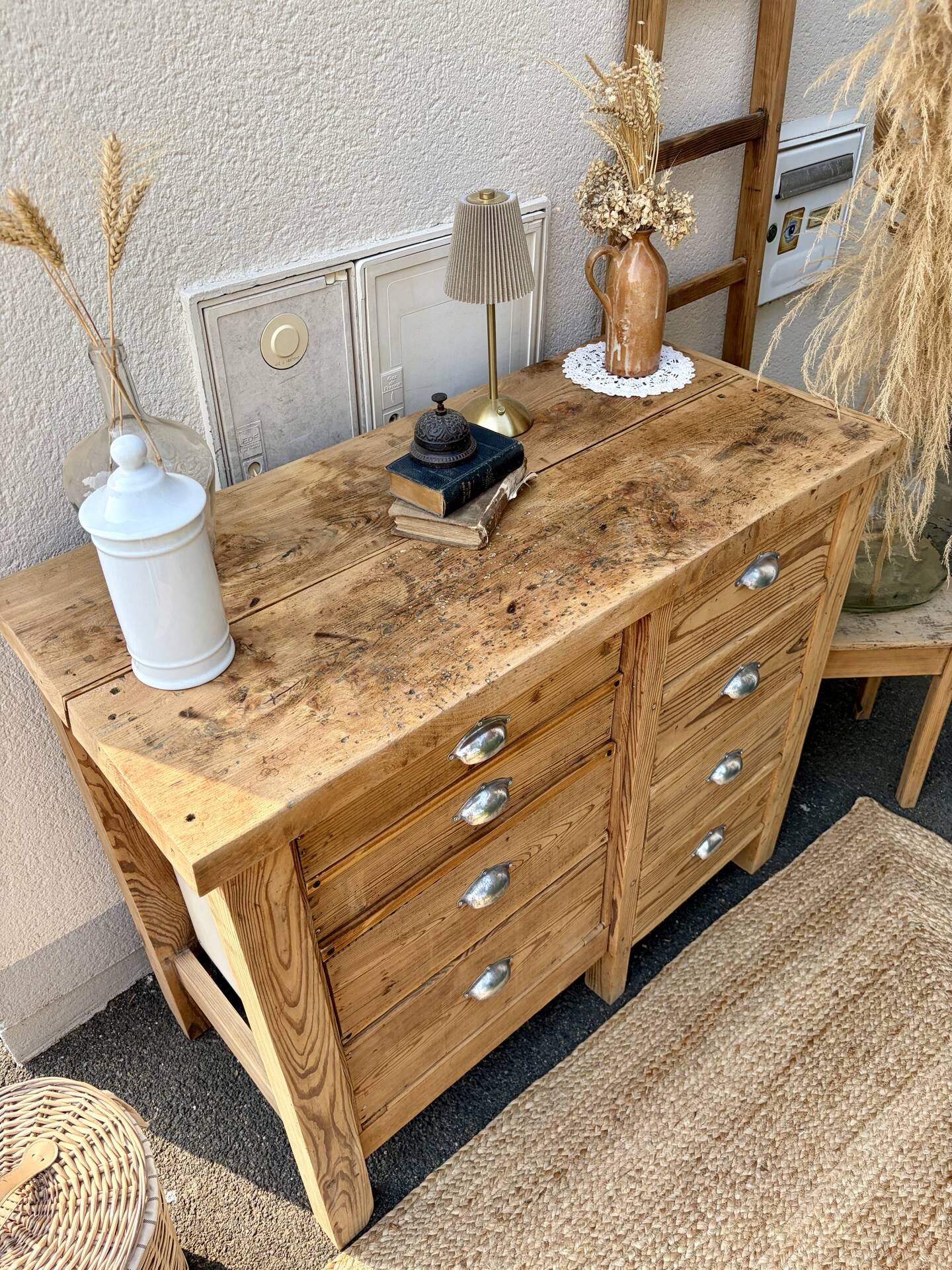 Old wooden workbench with 8 drawers.