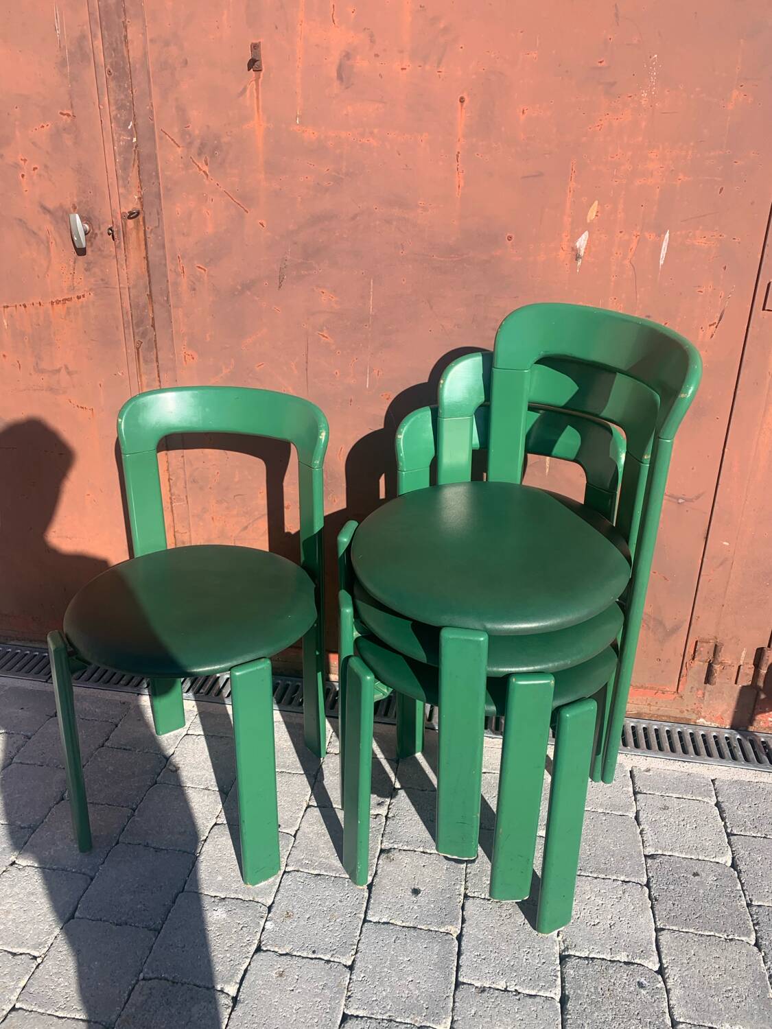 6 Bruno Rey Kush & co Green Stackable Chairs Circa 1970