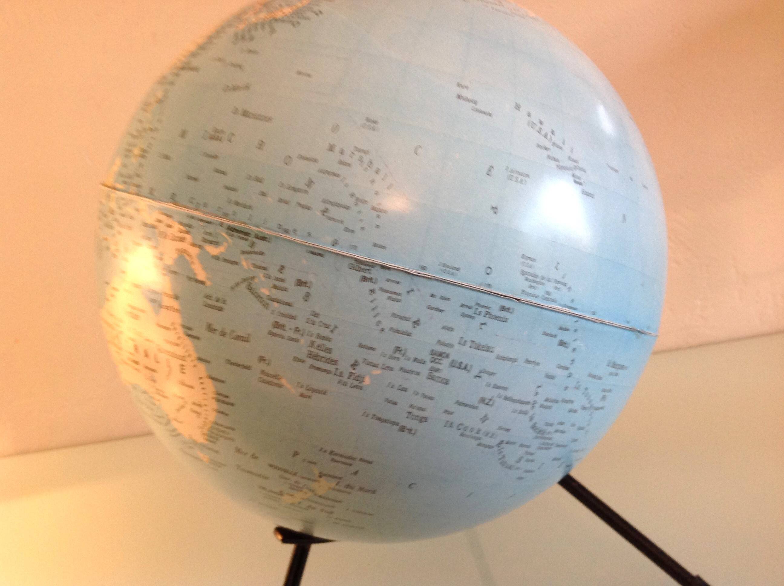 Girard and Barrère terrestrial globe on tripod base / vintage 50s-60s