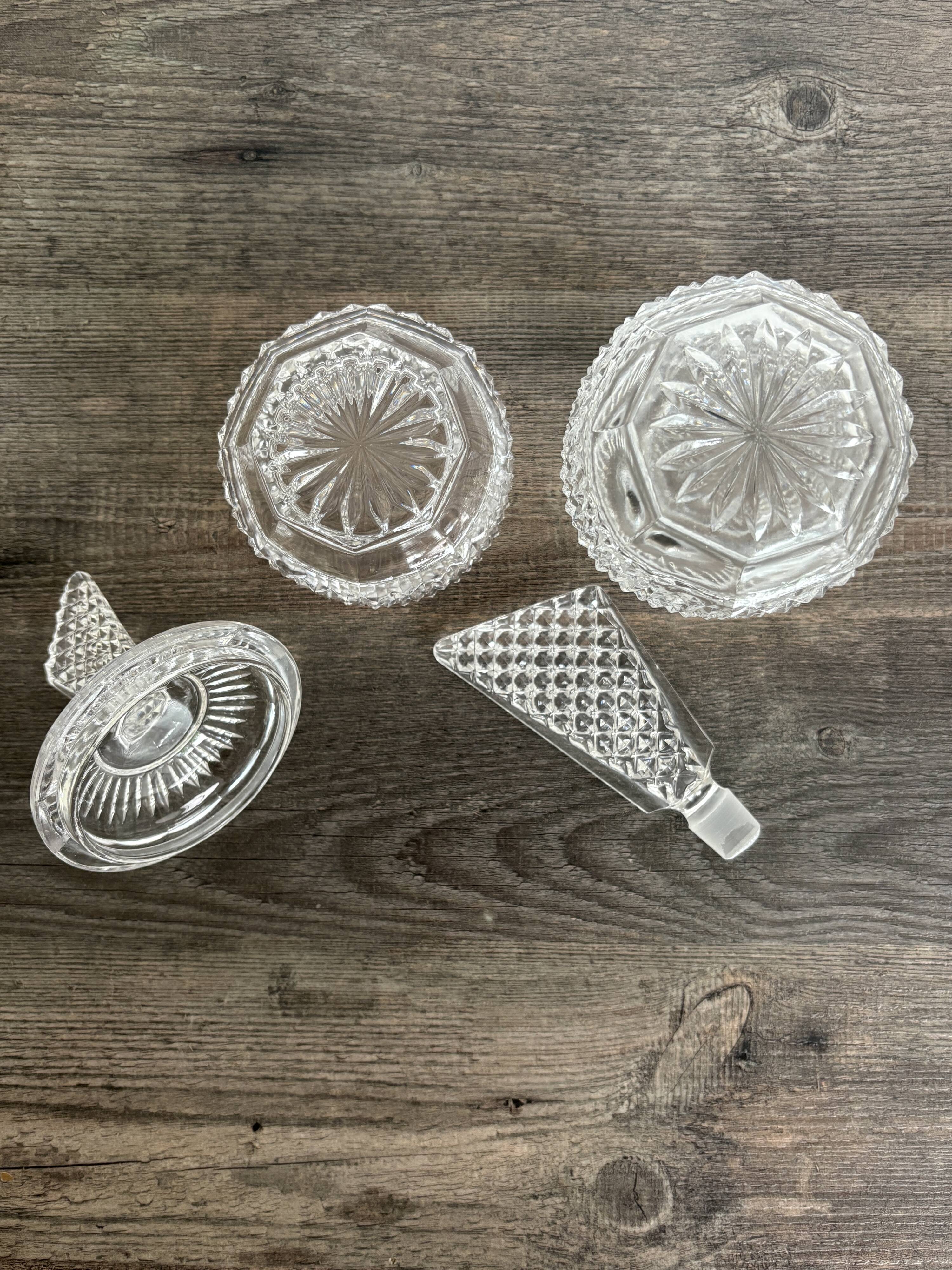 Pair of crystal-style cut glass bottles – retro/vintage dressing table