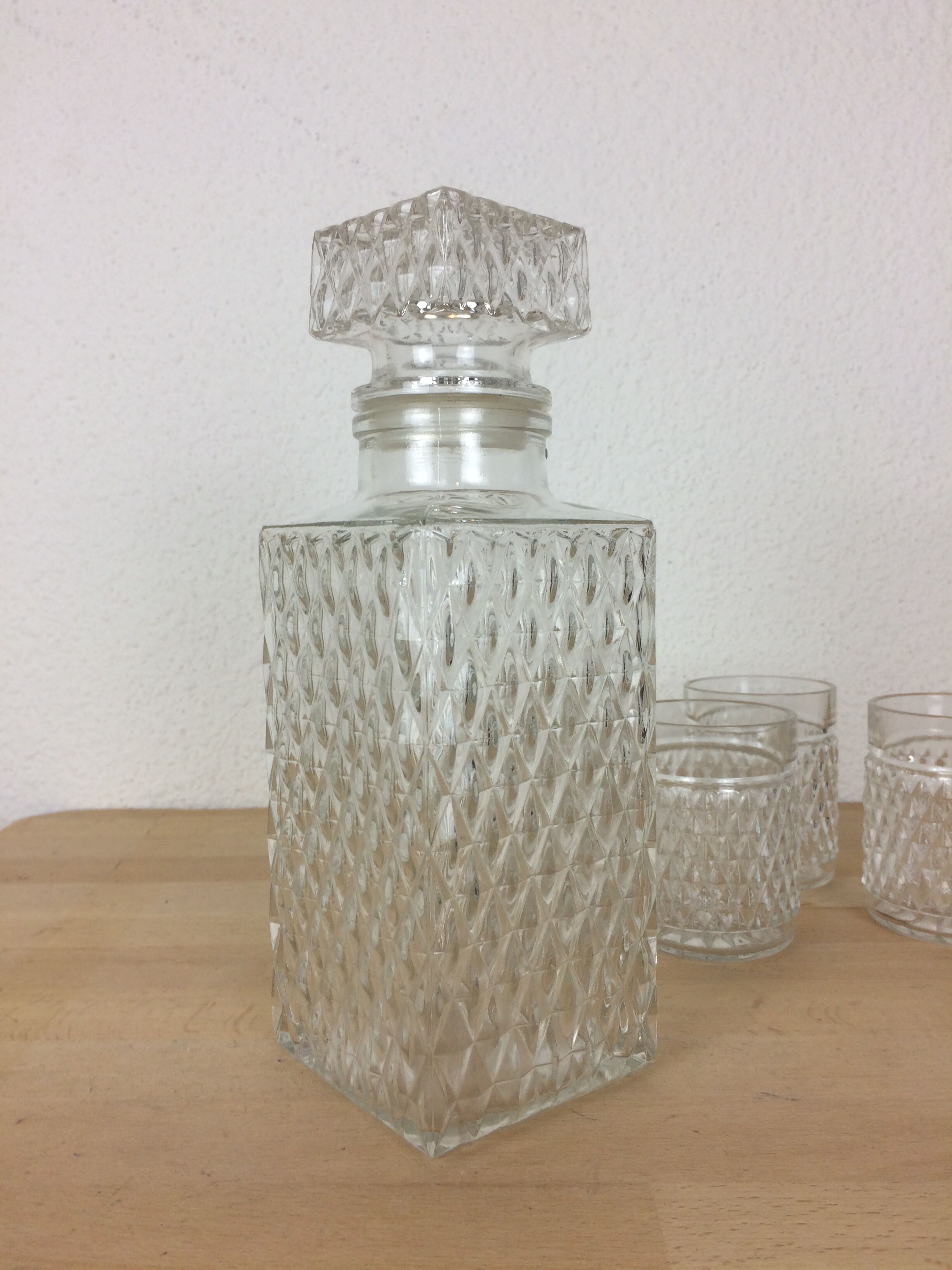 Whisky service in moulded glass, carafe and glasses