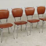 Set of 4 French chairs in camel brown imitation leather and chrome 1960