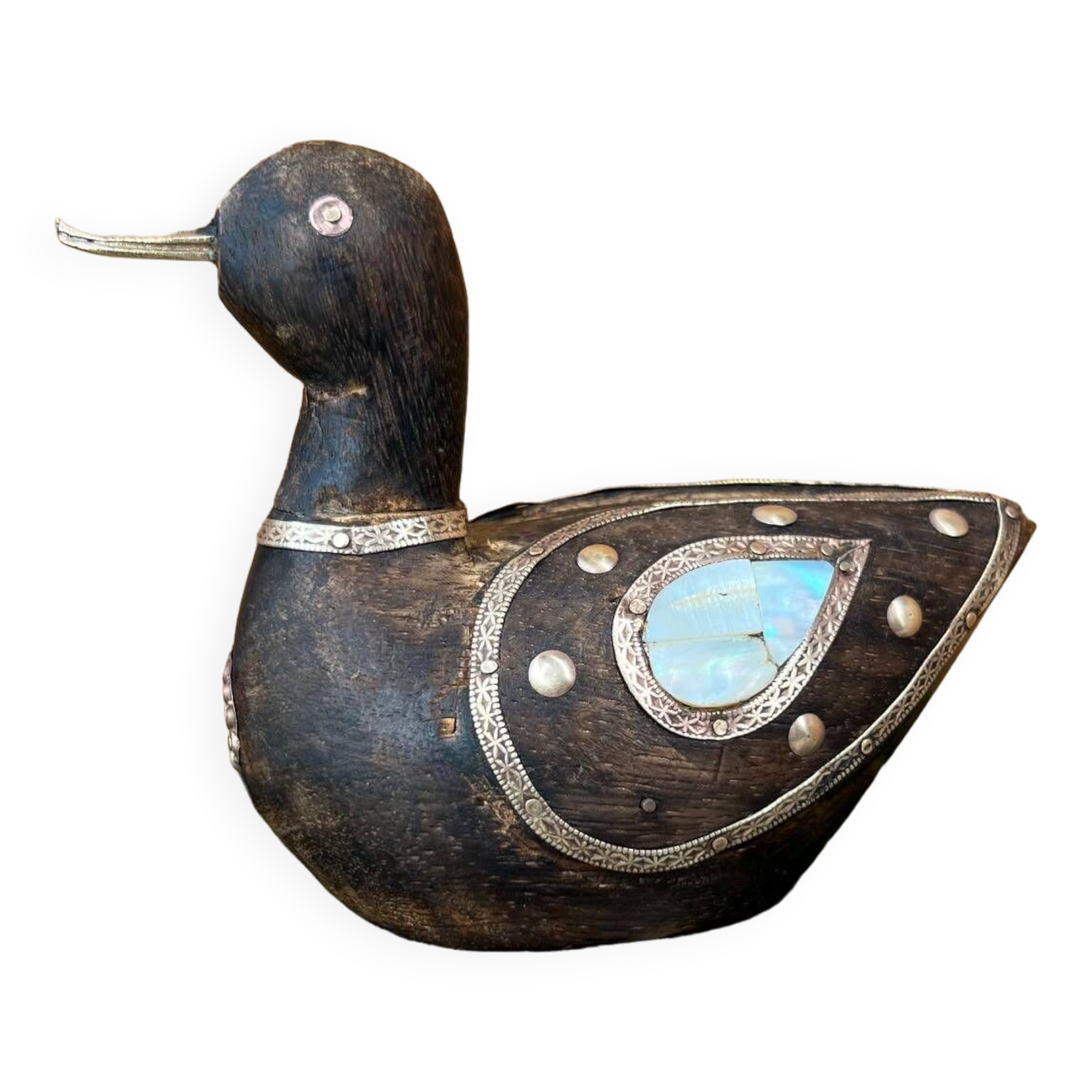 Bird in dark wood, brass & mother-of-pearl