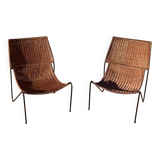 Pair of rattan and steel armchairs