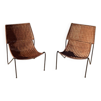 Pair of rattan and steel armchairs