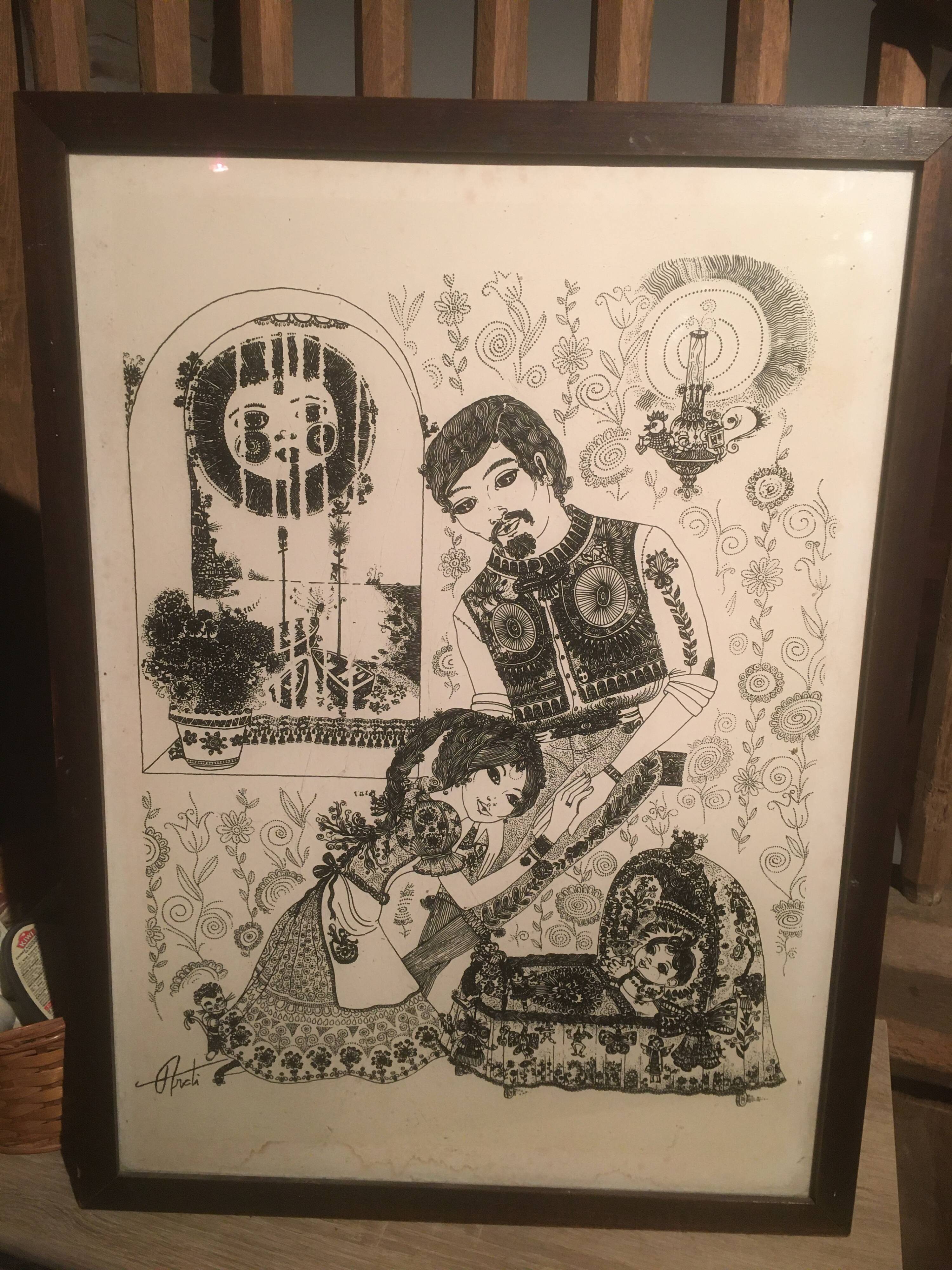 Illustration/signed paper print, framed, 60s/70s