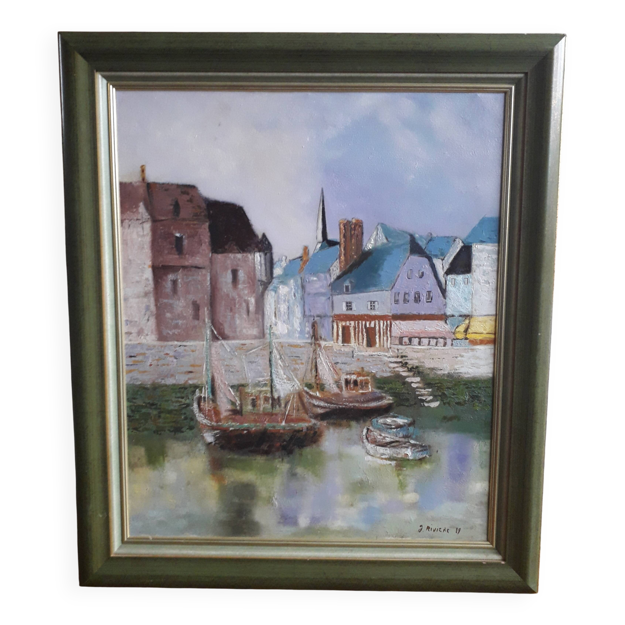 Old oil painting depicting a port