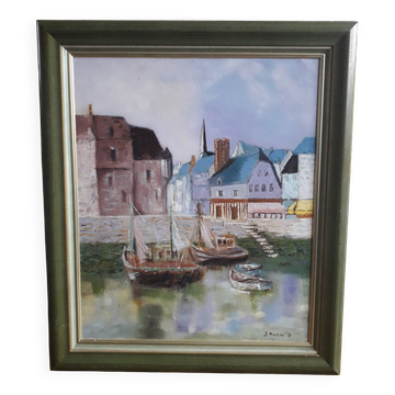 Old oil painting depicting a port