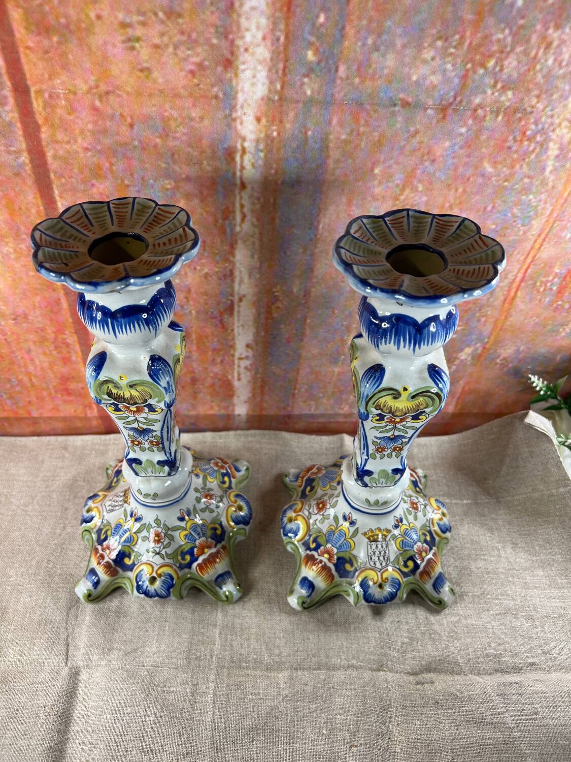 Pair of Desvres earthenware candlesticks