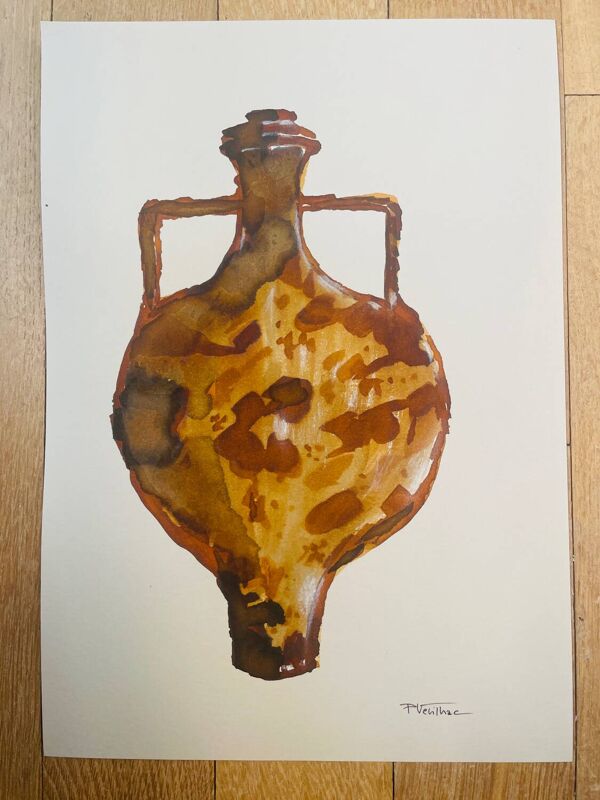 Tableau aquarelle et encre vase Wabi Sabi collection Marocco