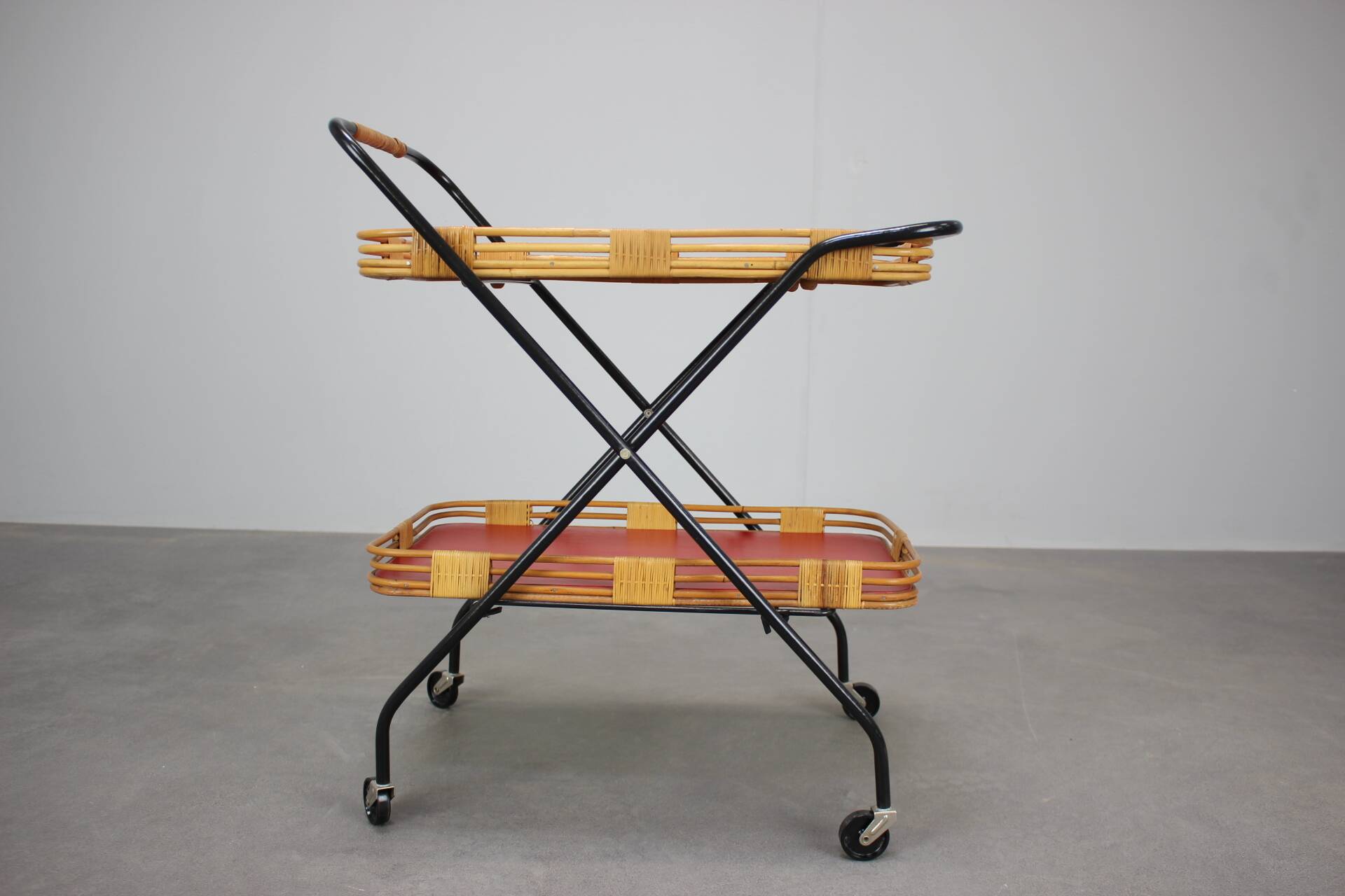 1960s Czechoslovak Mid-Century Folding Bamboo Serving Trolley Bar Cart