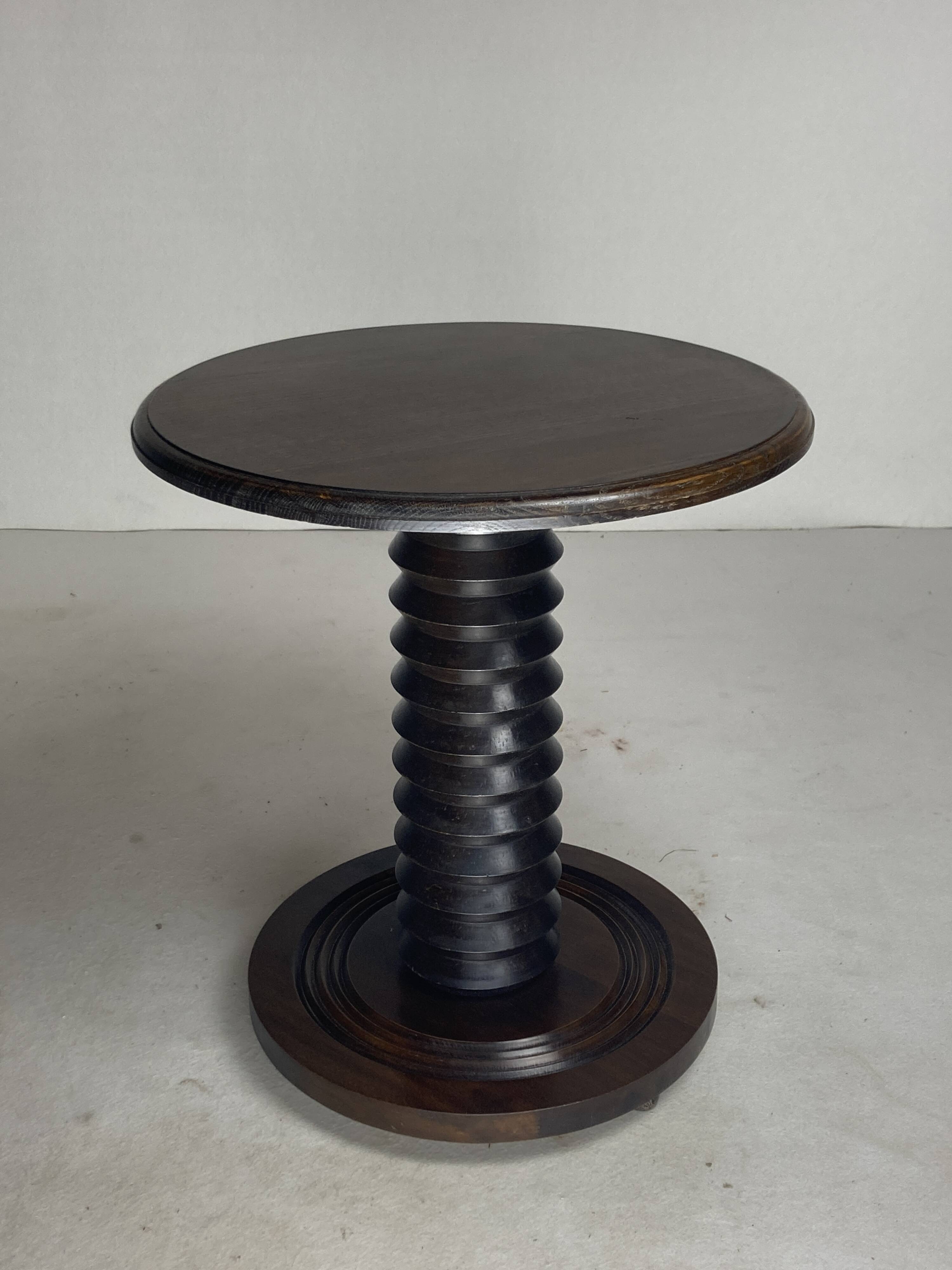 French brutalist wood turned side table in the style of Charles Dudouyt
