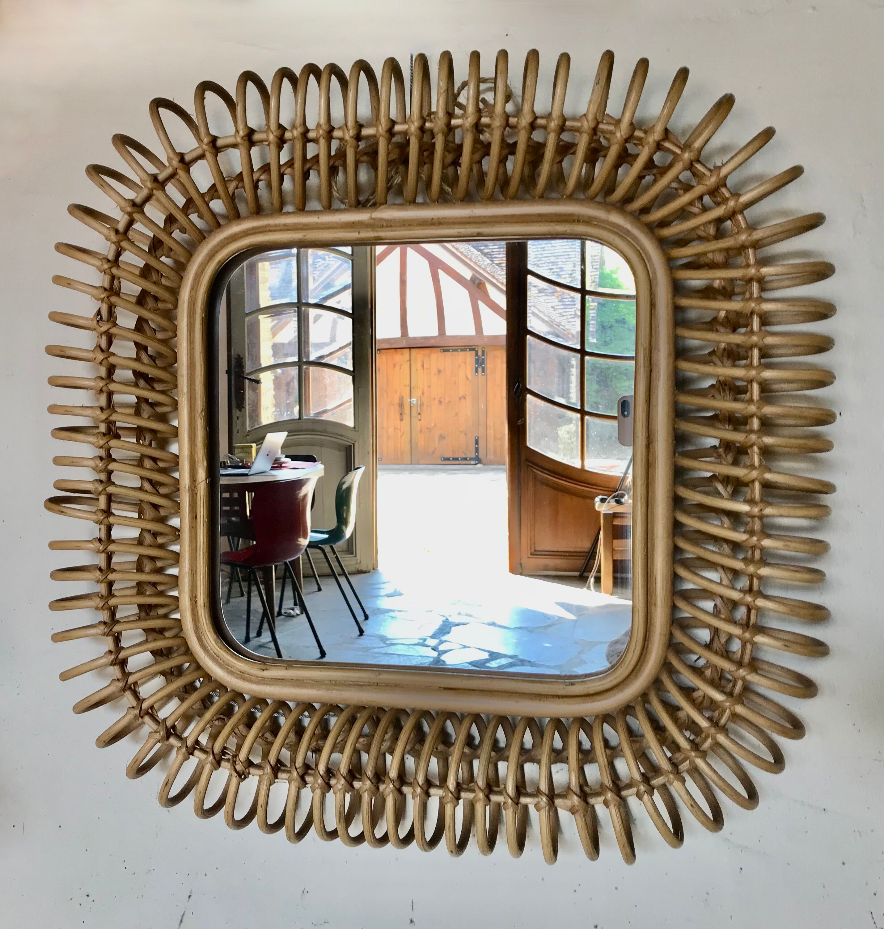Rattan mirror, circa 1960 54x54cm