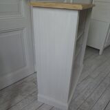 Re-enchanted bookcase in pearl gray, light oak waxed top.